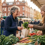 Two women smiling while exchanging vegetables at a farmers' market on a sunny day
