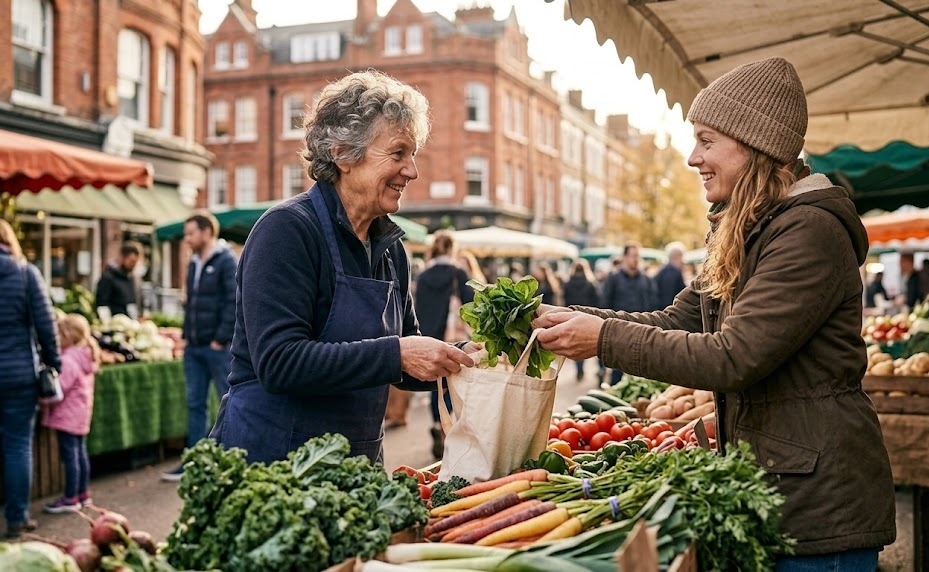 Two women smiling while exchanging vegetables at a farmers' market on a sunny day