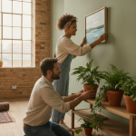 Couple decorating a living room with a painting and indoor plants in a bright, airy space with large windows