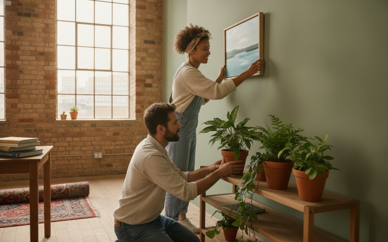 Couple decorating a living room with a painting and indoor plants in a bright, airy space with large windows